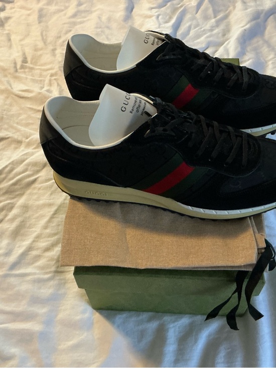 Gucci Black Suede & GG Canvas Sneakers with Green-Red Web - Picture 4 of 6